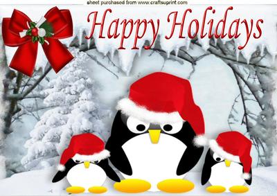 Happy Holidays Sleepy Penguins in the Snow A4