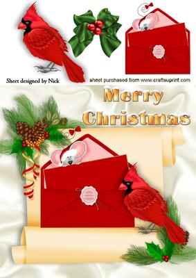 Little Mouse in Envelope and Cardinal on a Scroll 8x8