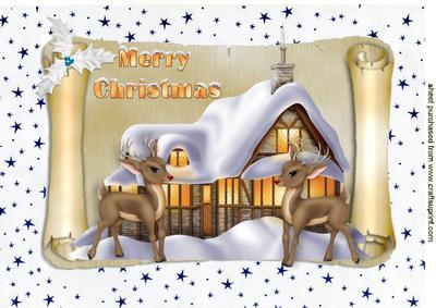 Snow Scene on a Scroll with Cute Reindeers A4