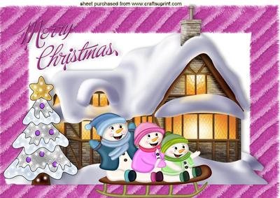 Snowmen on a Sledge with Snow Cottage A4