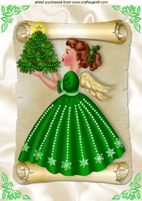 Pretty Angel on a Scroll Holding a Christmas Tree A4