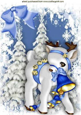 Cute Little Deer in Sleigh Bells in Snow Scene A4