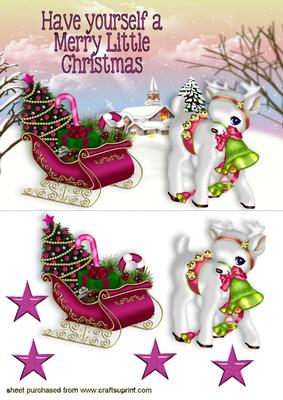 Cute Little Reindeer with Sleigh in Snow Scene