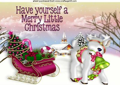 Cute Little Reindeer with Sleigh in Snow Scene A4
