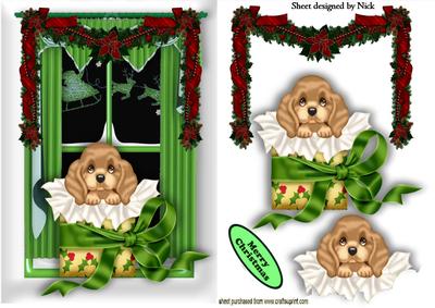 Cute Little Puppy Christmas Present in the Window