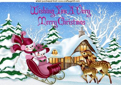Pretty in Pink Snowmen on a Sleigh with Deers A4