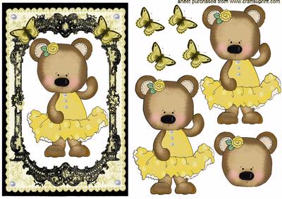 Cute Bear in Yellow on Effective Lace Background