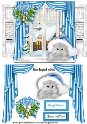 Dress the Window with Cat in Blue Santa Hat