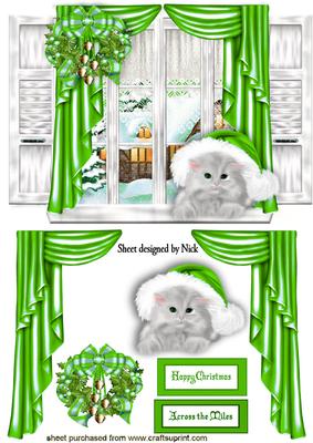 Dress the Window with Kitten in Green Santa Hat