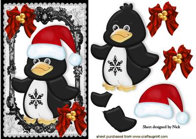 Penguin with Santa Hat and Red Bows