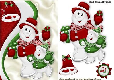 Cute Pair of Skating Snowmen with Bell A5