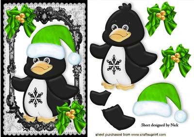 Penguin in Green Santa Hat with Bows