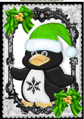Penguin in Green Santa Hat with Bows A4