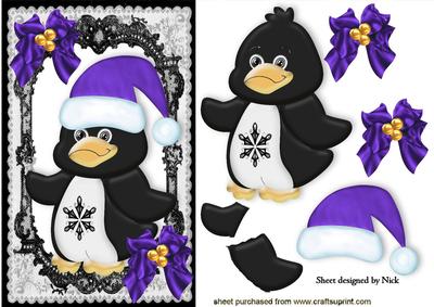 Penguin in Purple Santa Hat with Bows