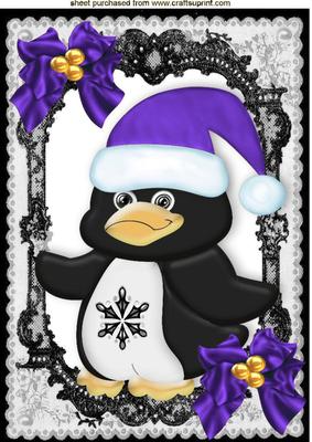 Penguin in Purple Santa Hat and Bows A4