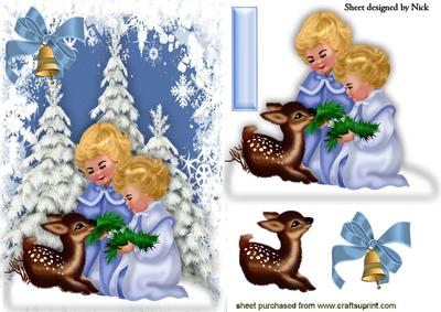 Little Girls in the Snow with Cute Deer