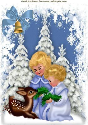 Little Girls in the Snow with Cute Deer A4
