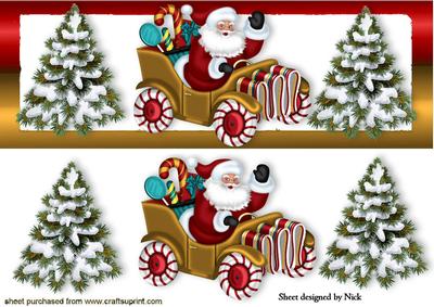 Santa in a Car with Gold Christmas Trees Dl