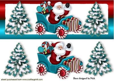 Santa in His Car with Turq Christmas Trees Dl