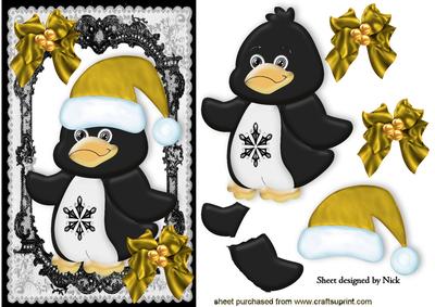 Penguin in Gold Santa Hat with Bows