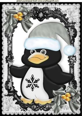 Cute Penguin in Silver Santa Hat and Bows A4