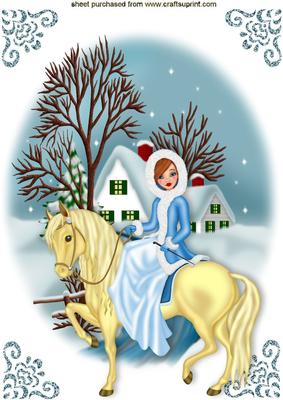 Pretty Lady on Horseback in Snow Scene A4
