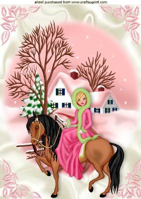 Pretty Lady in Fur Coat Riding a Horse in Snow Scene A4