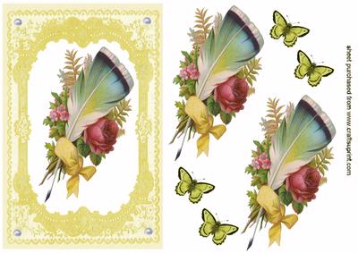 Elegant Feather with Bow in Gold Lace Frame