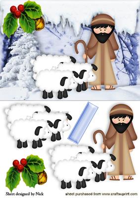 Shepherd with His Sheep and Holly in Snow Scene