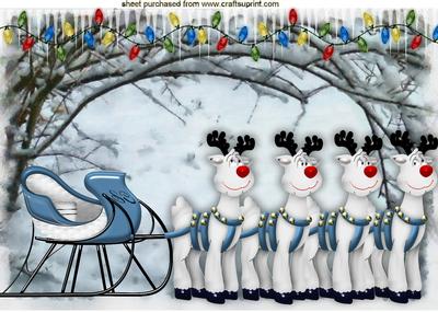 Reindeers and Sleigh in the Snow with Fairy Lights A4