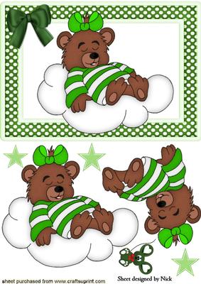Little Sleepy Bear on a Cloud with Green Stars