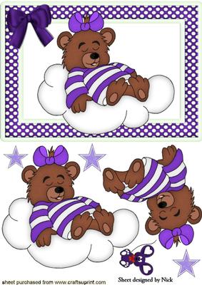 Little Sleepy Bear on a Cloud with Purple Stars
