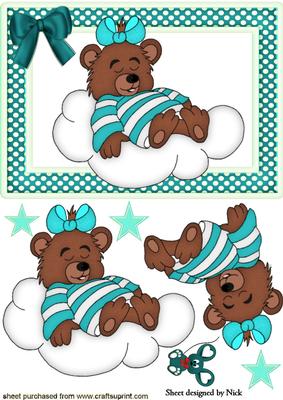Little Sleepy Bear on a Cloud with Turq Stars