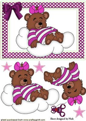 Little Sleepy Bear on a Cloud with Pink Stars
