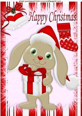 Christmas Bunny in Santa Hat with Stocking A4