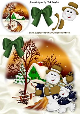 Cute Snowmen in Cottage Scene with Snow 8x8