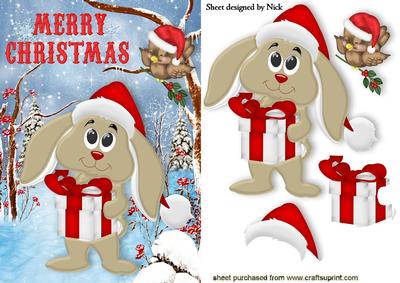 Cute Bunny in Santa Hat with Robin