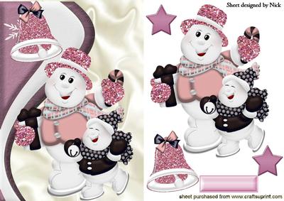 Cute Skating Snowmen with Pink Bell