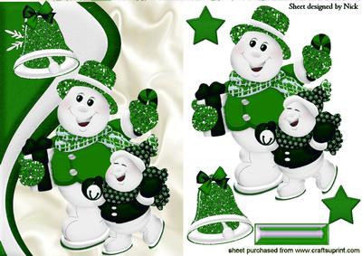Cute Skating Snowmen with Green Bell
