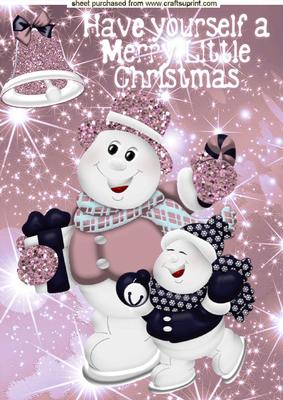 Skating Snowmen with Pink Bell and Stars A4