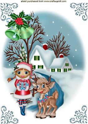 Snow Scene with Cute Little Girl & Reindder A4