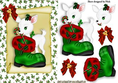 Cute White Deer on a Scroll with Santa Boot