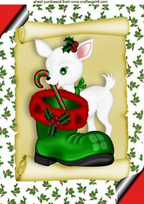 Cute White Deer on a Scroll with Santa Boot A4