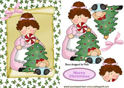 Granny Holly on a Scroll with Toys and Christmas Tree