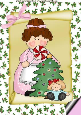 Granny Holly on a Scroll with Christmas Tree and Toys A4