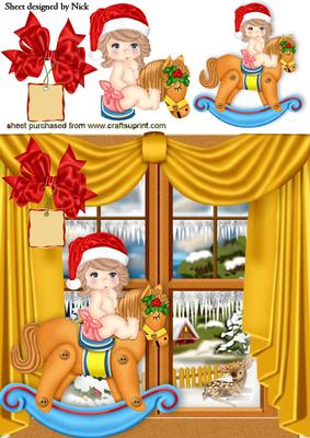 Baby Girl on Rocking Horse in the Window with Snowscene 8x8