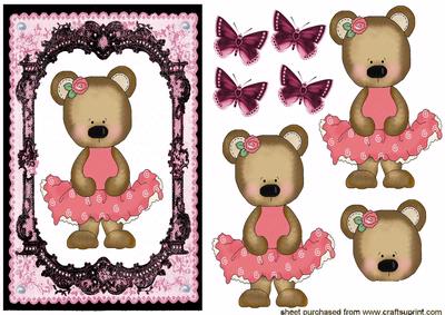 Cute Little Bear in Pink Dress on Lace Frame