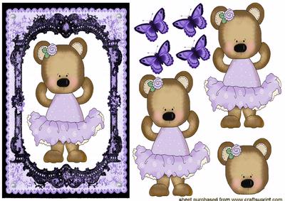 Cute Little Bear in Purple Dress on Lace Frame