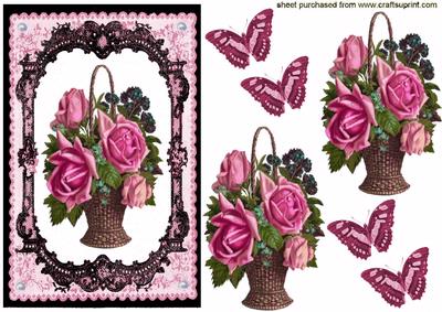 Elegant Pink Roses in Basket, in Pretty Lace Frame
