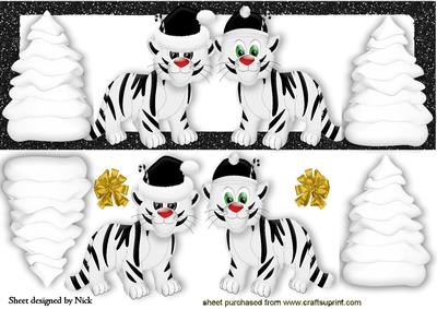 White/black Tigers with Santa Hats and Christmas Trees Dl